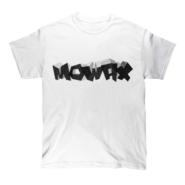 White t-shirt with ’MCWRK’ printed in bold, black 3D-style lettering across the front.