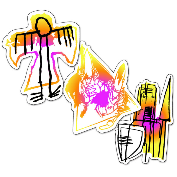Set of three colorful, abstract sticker-like designs featuring stylized figures and shapes.