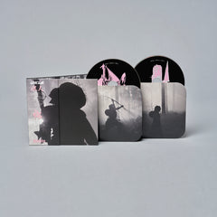 Album covers featuring silhouetted figures against grayscale backgrounds with pink accents.