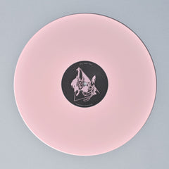 Pink vinyl record with a black label featuring a stylized animal design.