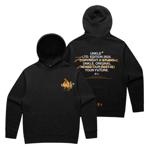 Black hoodie sweatshirt with yellow text and logo designs on the front and back.