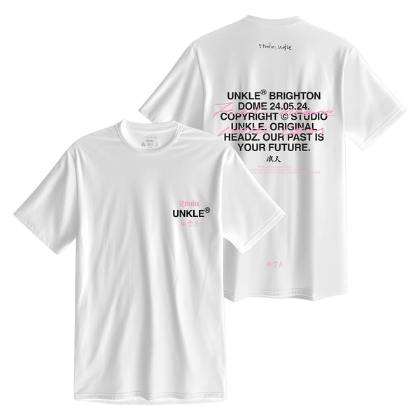 White t-shirt with text printed on the front and back.