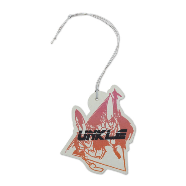 Hanging air freshener with a stylized wolf design and ’UNKLE’ text.