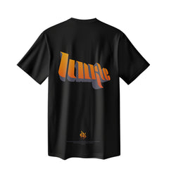 Black t-shirt with orange ’Lunge’ text graphic on the back.