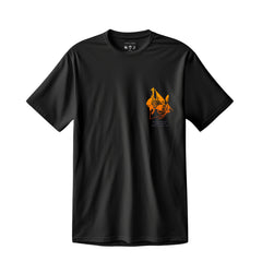 Black t-shirt with a small orange flame design on the chest.