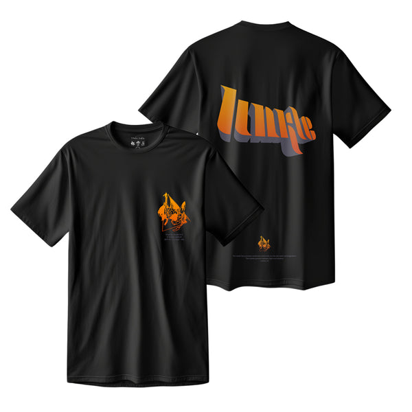 Black t-shirts with orange ’Lunge’ text and flame graphics.