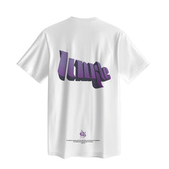 White t-shirt with purple ’lounge’ text on the back.