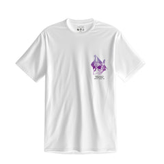 White t-shirt with a small purple floral design on the chest.