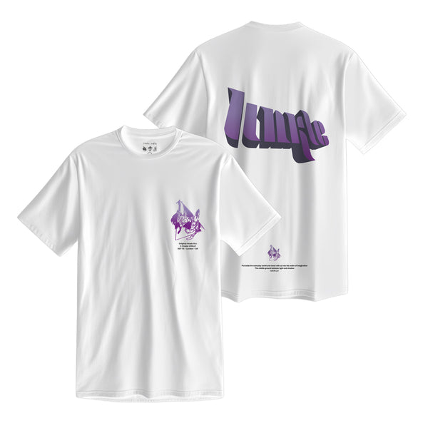 White t-shirts with purple graphic designs on the front and back.