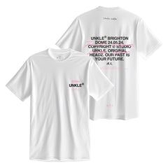 White t-shirt with text printed on the front and back.