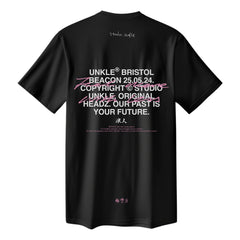 Black t-shirt with white text on the back.