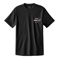 Black t-shirt with a small colorful ’UNKLE’ logo on the chest.