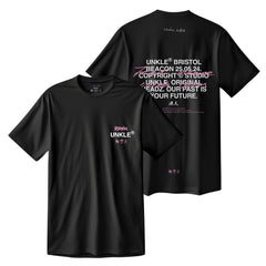 Black t-shirt with white and pink text on the front and back.