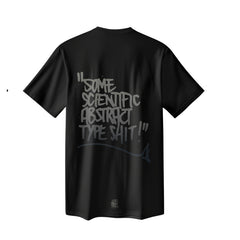 Black t-shirt with graffiti-style text on the back.