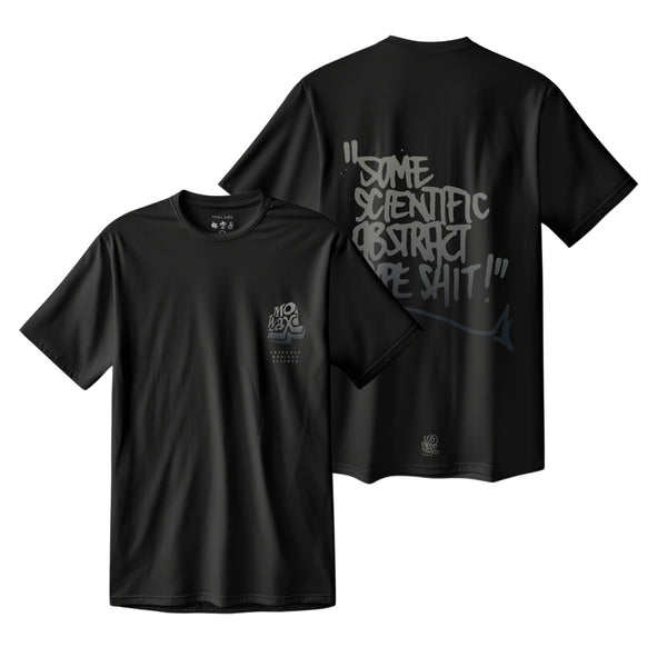 Black t-shirt with graffiti-style text printed on the front and back.