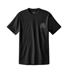 Black t-shirt with a small graphic design on the chest.