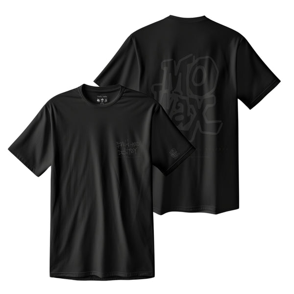 Black t-shirt with subtle text design on front and back.