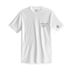 White t-shirt with small text printed on the chest.