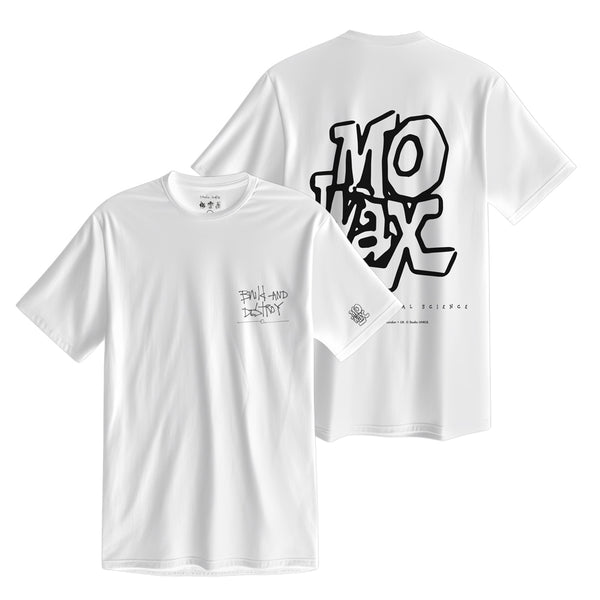 White t-shirt with ’MO WAX’ graphic design.