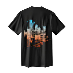 Black t-shirt with an abstract multicolored graphic design on the back.