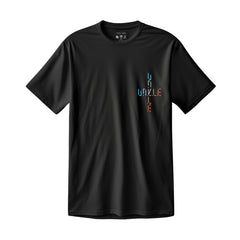 Black t-shirt with colorful vertical text spelling ’DAZZLE’ on the chest.