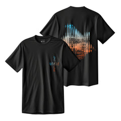 Black t-shirt with colorful graphic design on front and back.