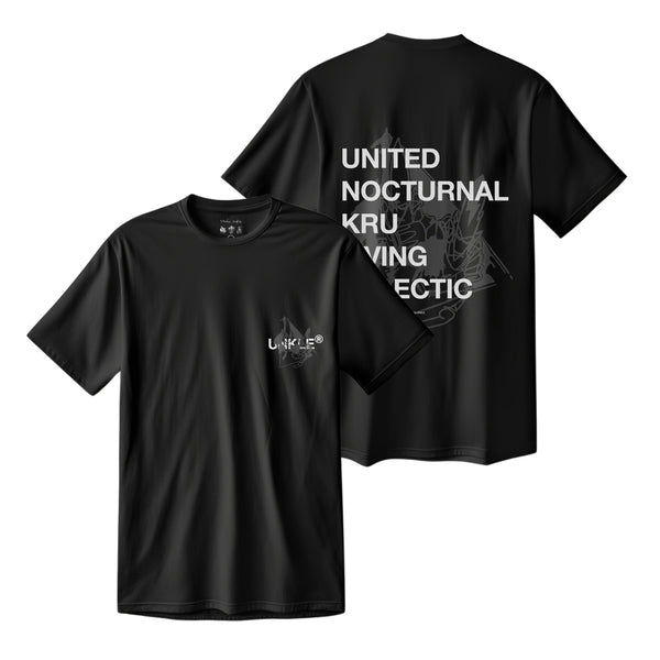 Black t-shirts with white text printed on them.