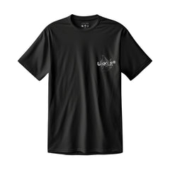 Black t-shirt with a small white logo on the chest.