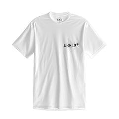 White t-shirt with small black text on the chest.