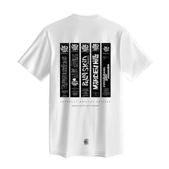 White t-shirt with a graphic design featuring book spines on the back.