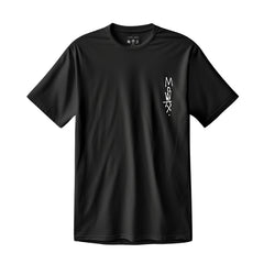 Black t-shirt with a small vertical text design on the left chest area.