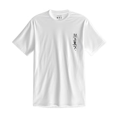 White t-shirt with vertical black text on the left chest area.