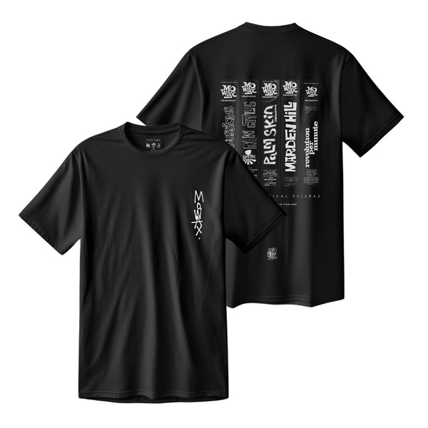 Black t-shirt with white graphic designs on front and back.