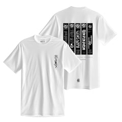 White t-shirt with black text and graphics on front and back.