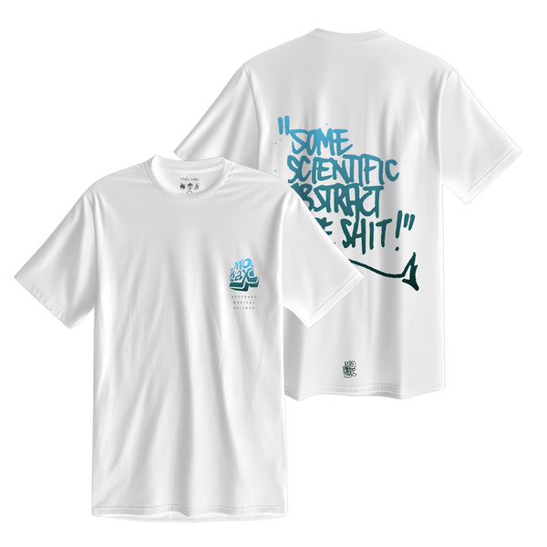 White t-shirt with blue text and graphics on the front and back.