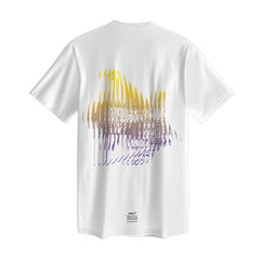 White t-shirt with an abstract multicolored graphic design on the back.