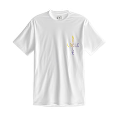 White t-shirt with colorful text on the chest.