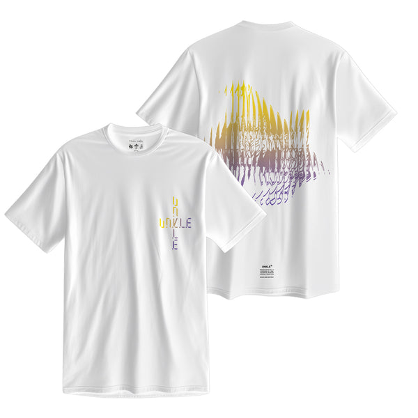 White t-shirt with colorful abstract graphic design on front and back.