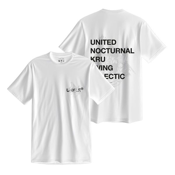 White t-shirts with text printed on them.